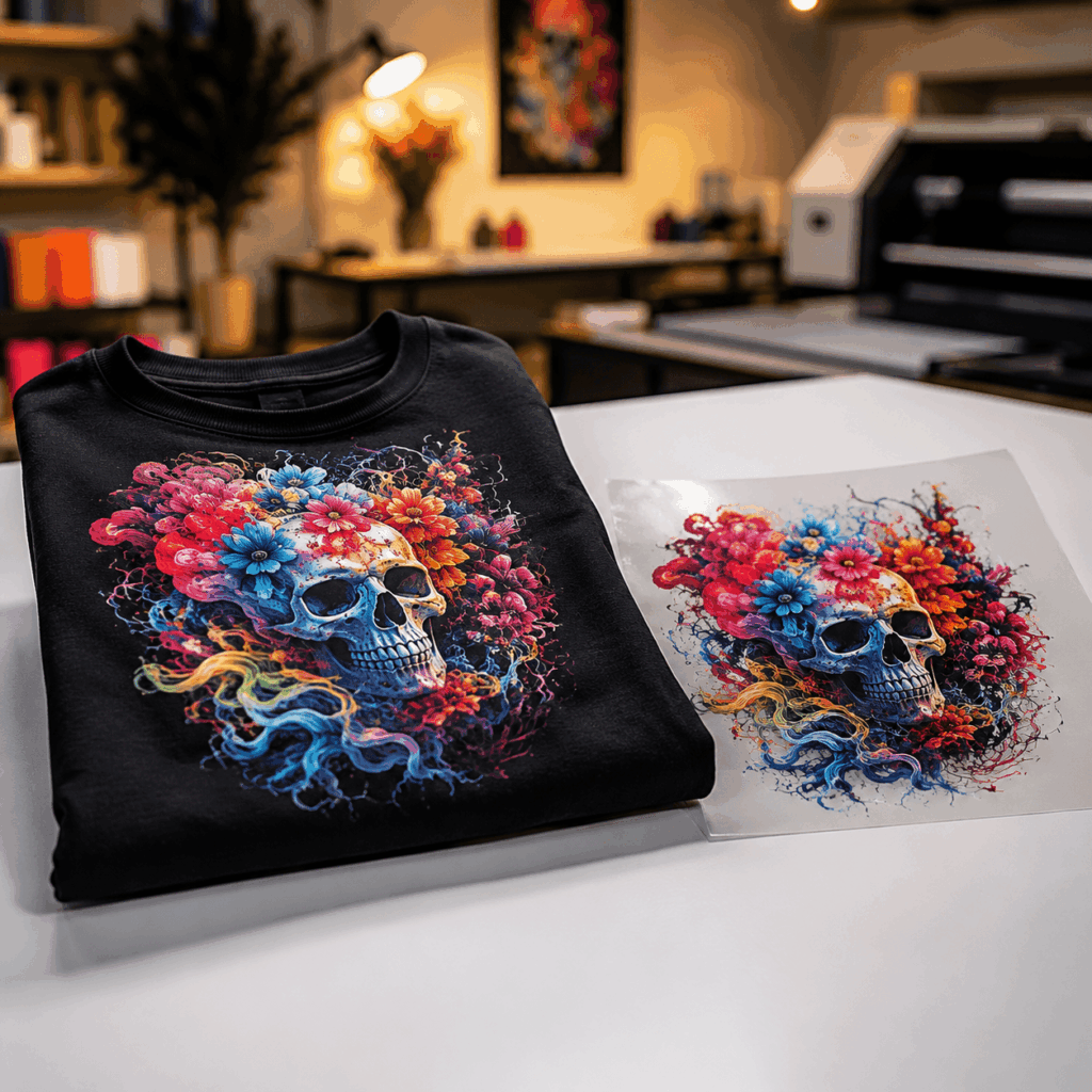 DTF-Transfer DIN A3 mit buntem Totenkopf-Blumenmotiv neben einem bedruckten schwarzen Shirt