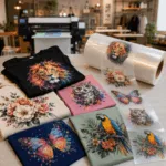 DTF-Transfer Rolle DTF-Transfer von der Rolle neben bedruckten T-Shirts mit Tier- und Blumenmotiven