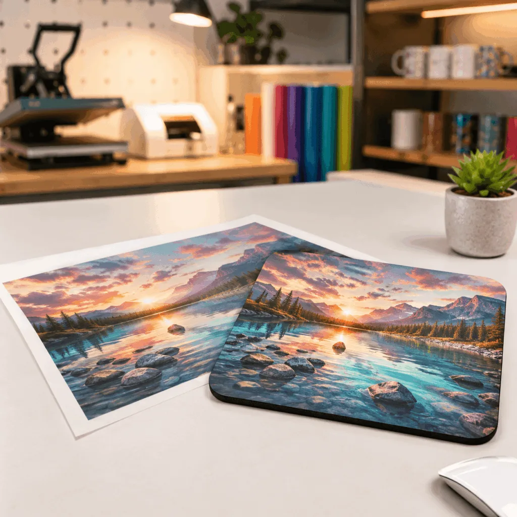 Sublimations-Transfer DIN A4 mit Berglandschaft neben einem bedruckten Mauspad